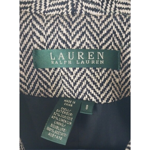 RALPH LAUREN Blazer Black Cream Herringbone Size 8 Silk Linen Blend Academia GUC - Picture 3 of 16